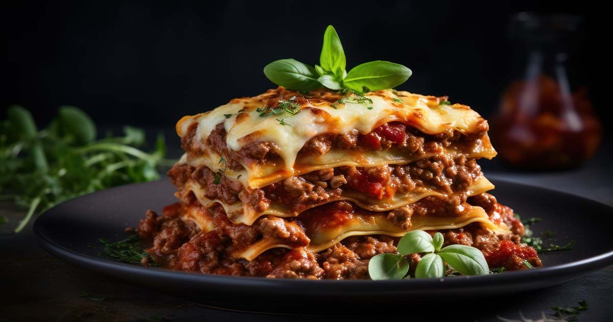 Traditional Italian lasagna on a plate with basil garnish.